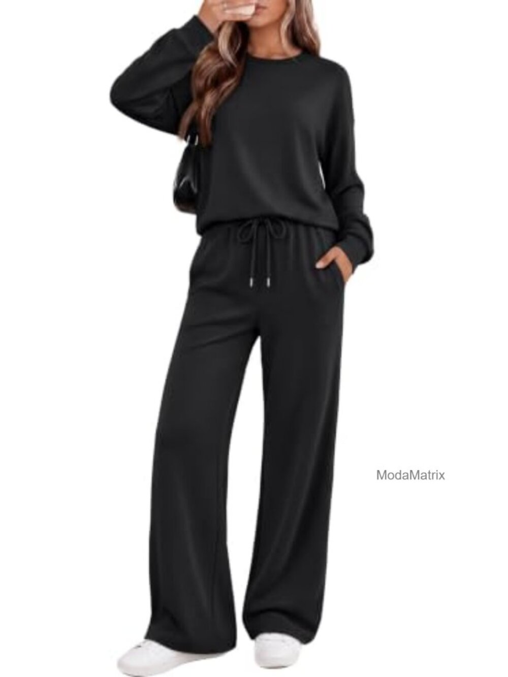 2 Piece Lounge Set Crew Neck Long Sleeve Wide Leg Drawstring Pants